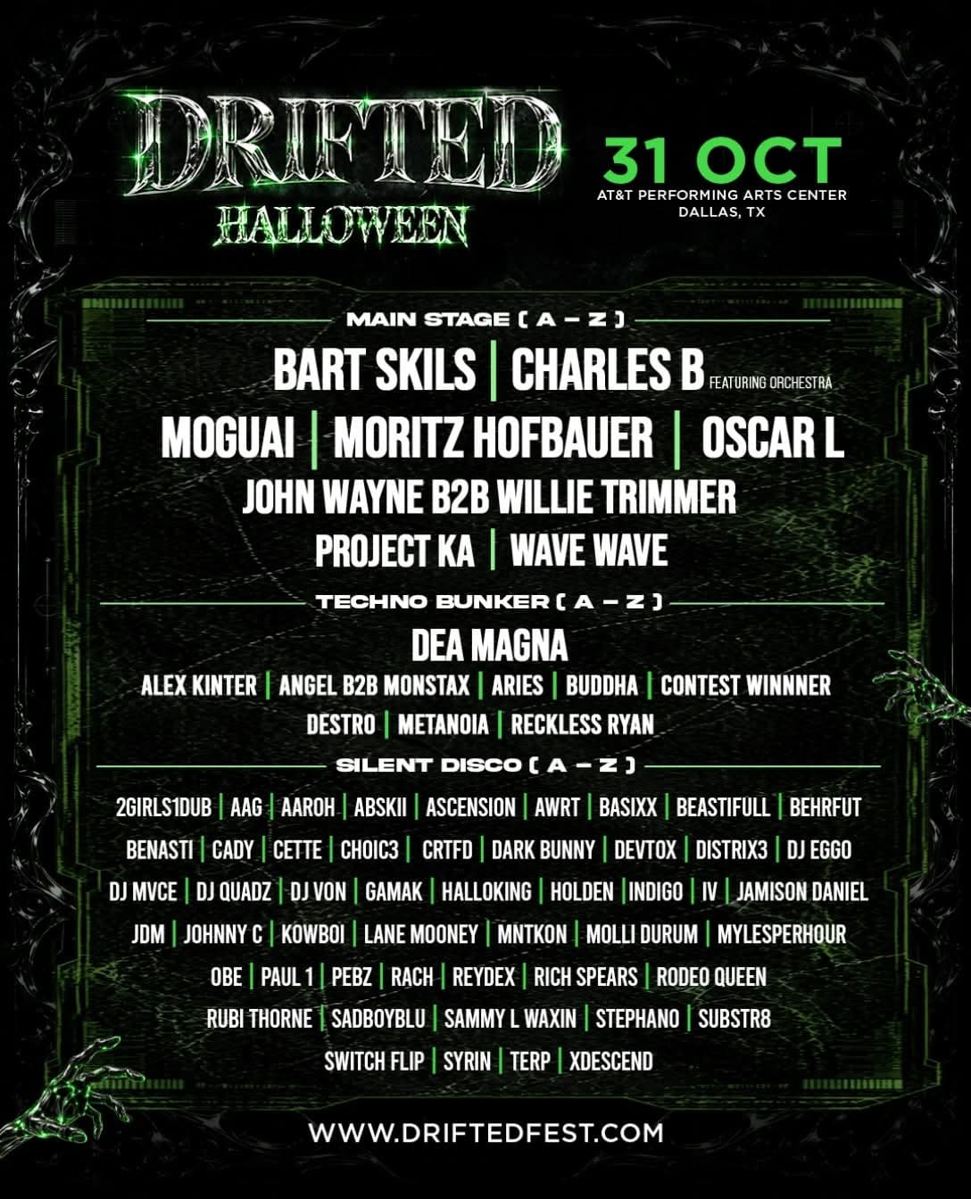Full lineup poster for Drifted Halloween, Main Stage, Techno Bunker and Silent Disco