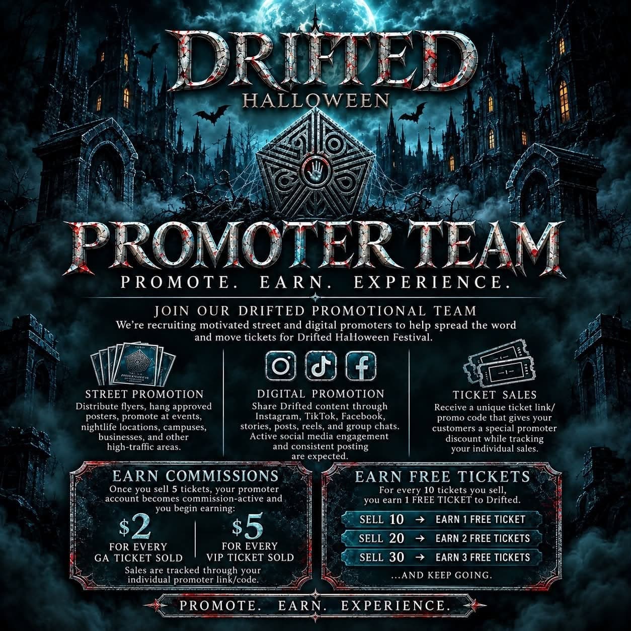 Drifted Halloween promoter team flyer describing commissions and free tickets