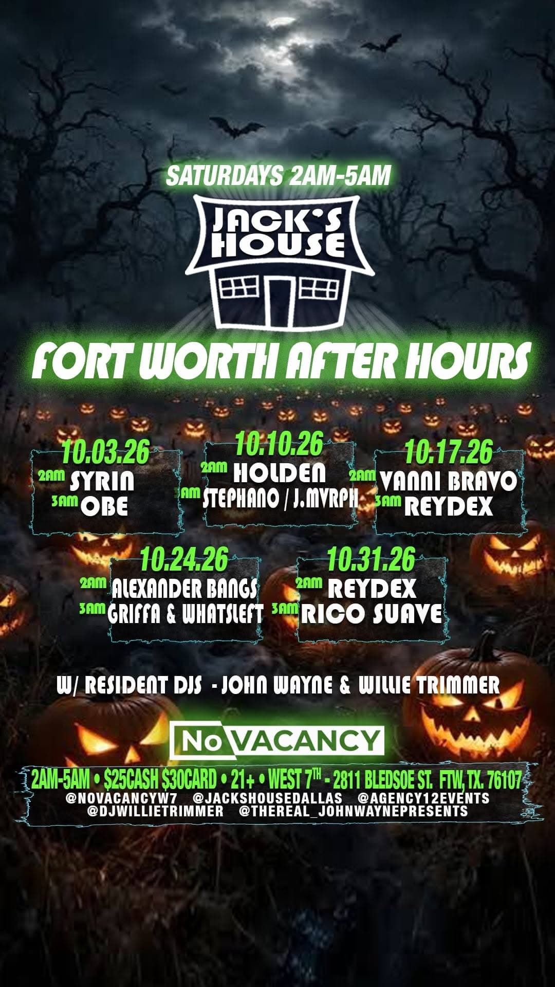 Fort Worth After Hours flyer for Jack's House at No Vacancy, Saturdays 2 AM to 5 AM, with resident DJs John Wayne and Willie Trimmer