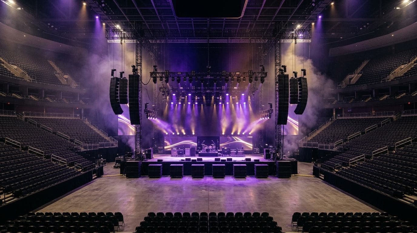 Concert stage with speaker towers and a lighting truss over an empty arena floor