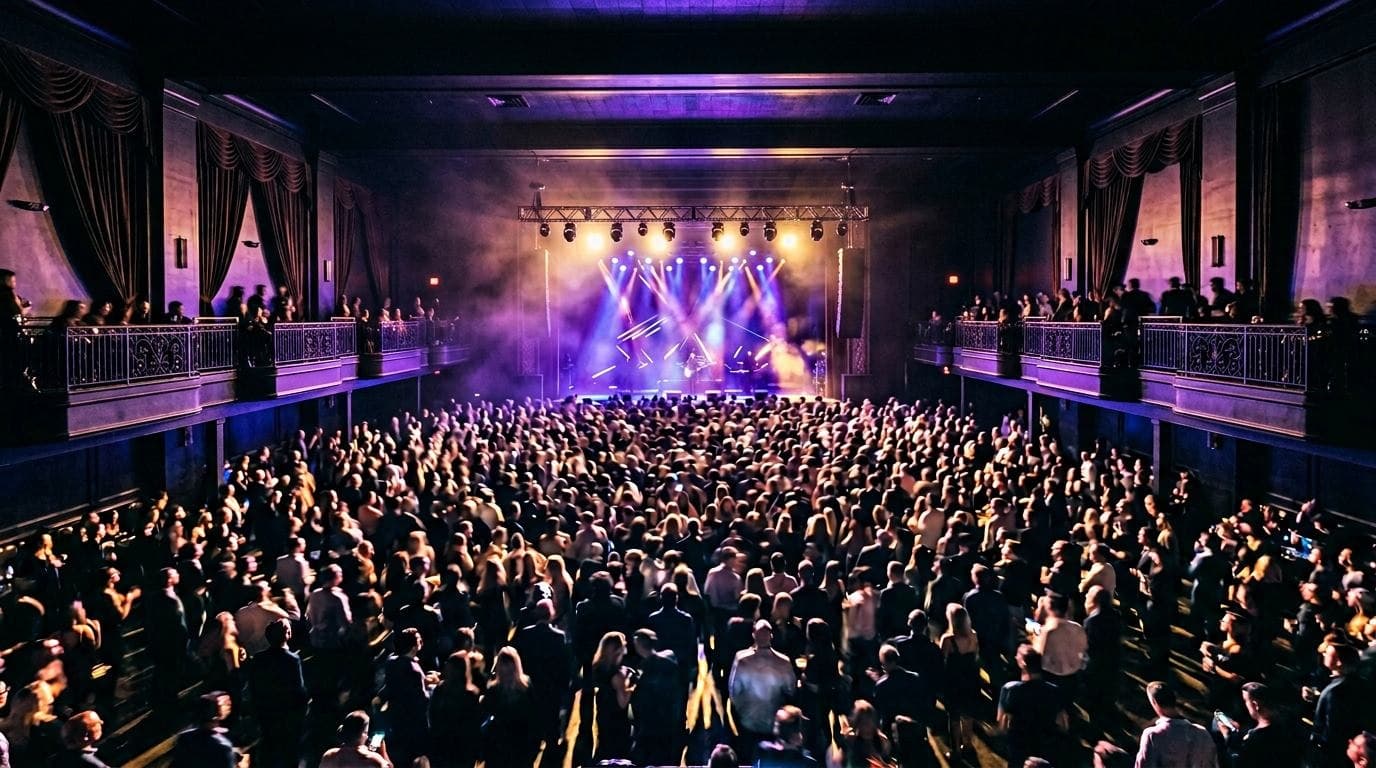 Historic ballroom venue packed with a crowd facing a lit stage